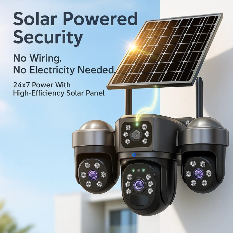 Maizic Smarthome UltraGenie Max 5MP×3 UHD Triple Lens/Screen Triple PTZ WiFi Solar Outdoor CCTV Camera | Color Night Vision | Human Detection | Two-Way Audio | IP66 Waterproof | Multi-User View