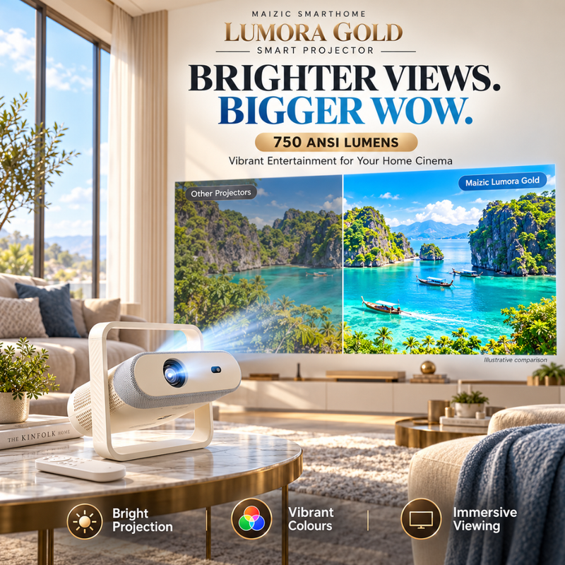 Maizic Smarthome Lumora Gold Smart Projector, Native 1080P, 4K Support, 750 ANSI, Android 14, WiFi 6, Bluetooth, Auto Focus, Auto Keystone, 360° Rotation, Dust-Proof Design, Air Inlet, RGB Light