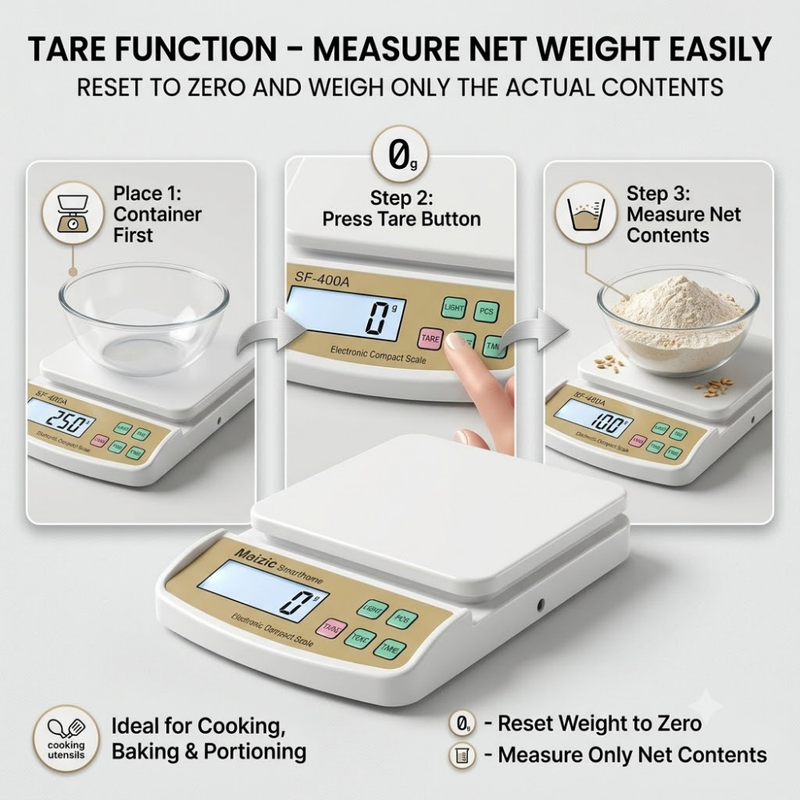 Maizic Smarthome SF-400A Digital Kitchen Weighing Scale 10kg x 1g | High-Precision Electronic Weight Machine with LCD Display, Tare & PCS Counting, Adapter Support | Ideal for Kitchen, Home, Office & Laboratory
