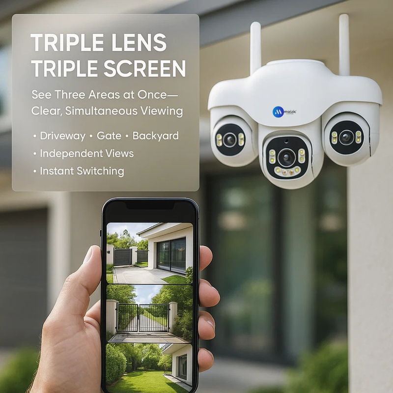 Maizic TRIGENIE 4G AI Triple Lens Outdoor Security Camera  Full-Coverage Smart Surveillance | 4G SIM Support | 3MP×3 FHD Clarity | AI Motion Detection