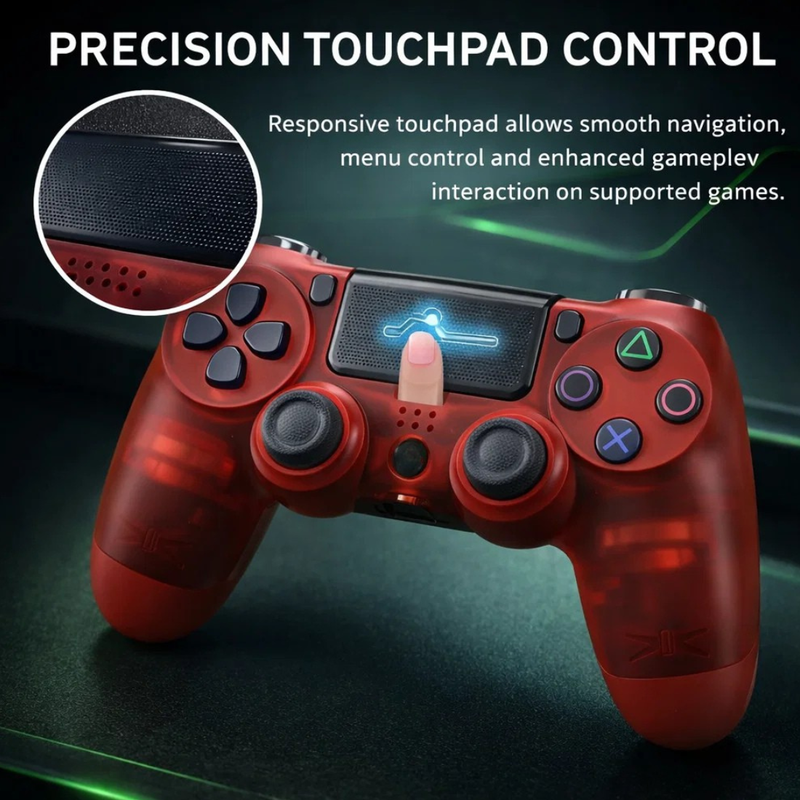 Maizic Smarthome Funnetic P4 Wireless Gaming Controller, Transparent Red Gamepad with Dual Vibration Motors, Touch Pad, 800mAh Battery, 3.5mm Headset Jack & Plug-and-Play Support – Compatible with P3, P4, Windows PC & Android