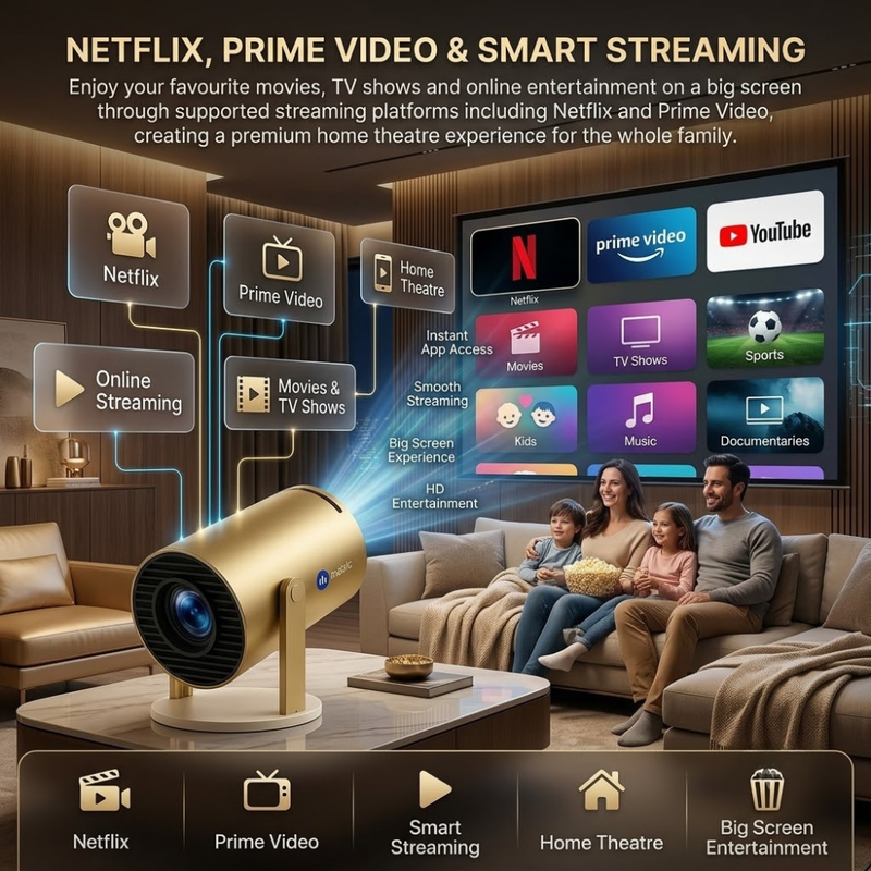 Maizic Smarthome Golden 2X Smart Projector | Android 13.0 OS | 950S High-Performance Chip | Native 800P HD | 1080P & 4K Supported | Auto Focus, 4D Keystone | Netflix, Prime Video, WiFi, Bluetooth & Screen Mirroring