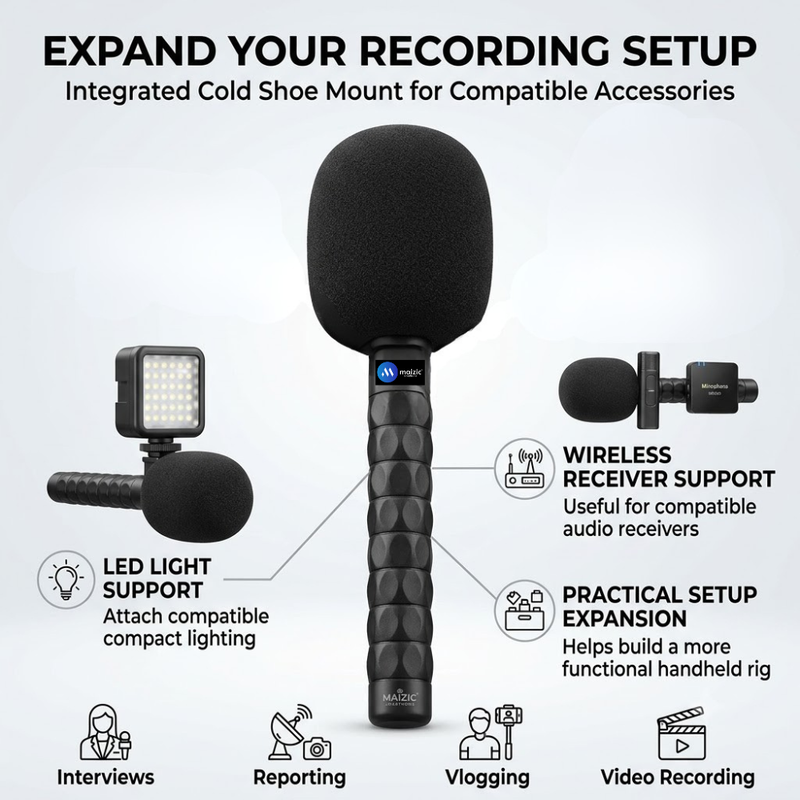 Maizic Smarthome Handheld Mic Holder with Cold Shoe Mount, Microphone Adapter Grip Kit for Journalism, Interviews, Reporting, Vlogging & Video Recording