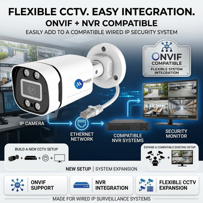 Maizic Smarthome 8MP Outdoor Bullet Wired IP CCTV Camera for Home & Office | Ethernet Security Camera with Built-in Audio, Starlight Night Vision, ONVIF & NVR Compatible, Waterproof