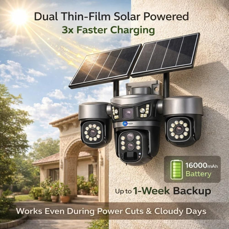 Maizic Smarthome Trigenie 4G Dual Solar Panel 6MP*3 UHD Triple Lens/Screen Dual PTZ Outdoor CCTV | Left Camera Manually Rotation | 16K mAh Battery | Color Night Vision | 2-Way Audio | Motion Detection