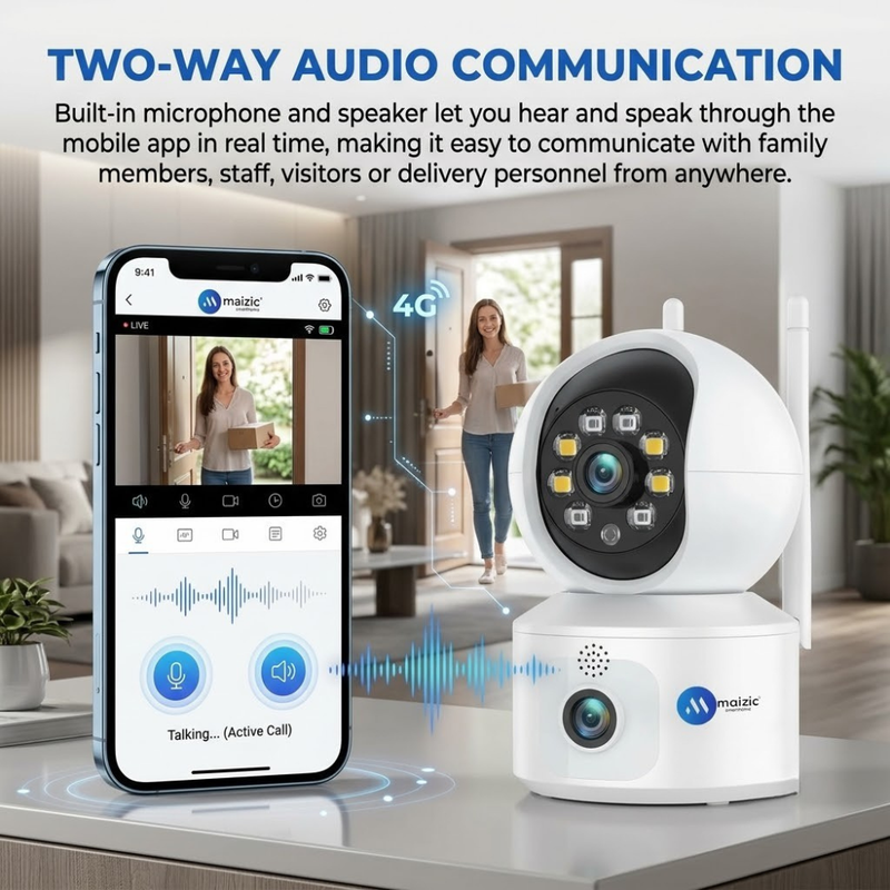 Maizic Smarthome SuperCam 4G Indoor Security Camera | 4+4MP Dual Lens Full HD CCTV Camera Without WiFi | Dual Screen Live View, AI Motion Detection, Color Night Vision, Two-Way Audio, Remote Mobile Access, Supports Up to 128GB microSD