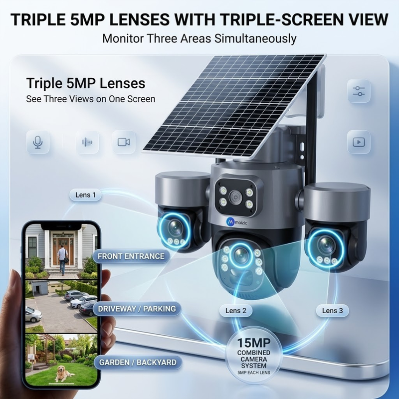 Maizic Smarthome Ultragenie 4G Solar Triple Lens CCTV Camera | 5MP×3 (15MP) AI Triple PTZ | Triple Screen View | 360° Outdoor Security Camera | Color Night Vision | Human Detection | 2-Way Audio | IP66 Waterproof