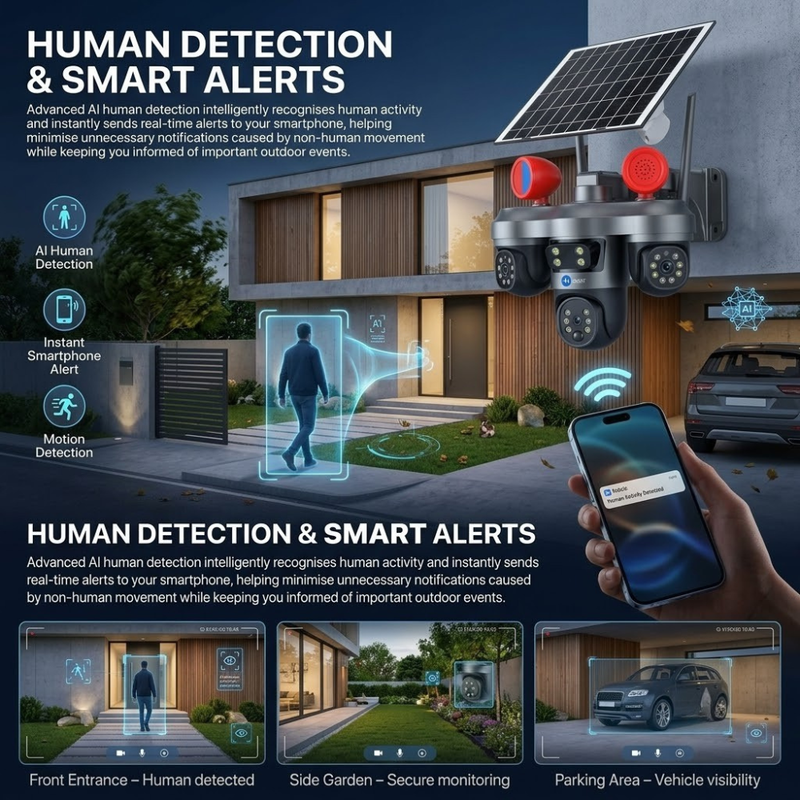 Maizic Smarthome TRIGENIE Siren Solar Wi-Fi Triple Lens 5MP×3 AI PTZ Security Camera | 360° Outdoor Surveillance | Triple Screen Monitoring | Color Night Vision | Human Detection | 2-Way Talk | IP66 Waterproof (Black)
