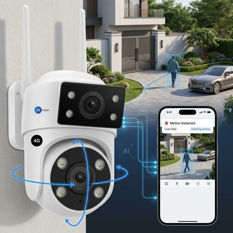 Maizic Smarthome Lynox 4G SIM Outdoor PTZ CCTV Camera | Full HD 1080P Security Camera | 360° Pan & Tilt Rotation | AI Motion Detection & Auto Tracking | Color Night Vision | Two-Way Audio | IP66 Waterproof | microSD Card Support