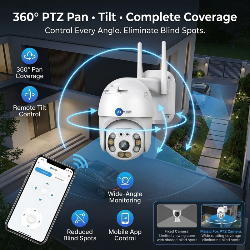Maizic Smarthome Fox Smart 5MP WiFi Outdoor CCTV Camera | 360° PTZ Pan Tilt Zoom | 50m Color Night Vision | AI Motion Detection | Two-Way Audio | IP66 Weatherproof & Rain Resistant | SD Card Recording | Remote Live View (White)