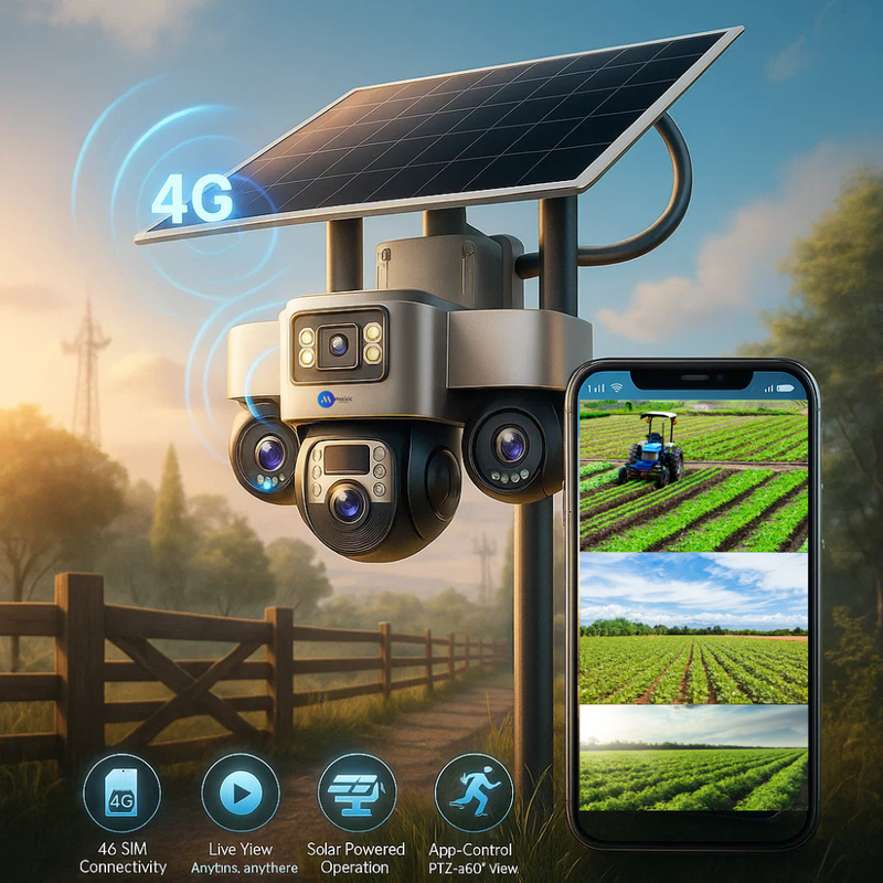 Maizic Smarthome TRIGENIE 4G Solar 6MP×3 FHD 3 Lens/3 Screen AI Triple PTZ Outdoor CCTV Camera | 360° View | Color Night Vision | Human Detection | 2-Way Audio | IP66 Waterproof | Multi User View