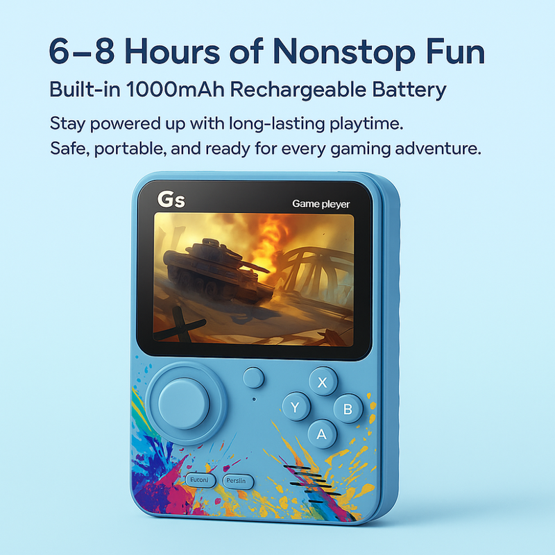 Maizic Smarthome G5 Blue Retro Handheld Game Console with 500 built-in games, 3-inch screen, TV connection, and rechargeable battery. Ideal gift for kids and classic game fans.