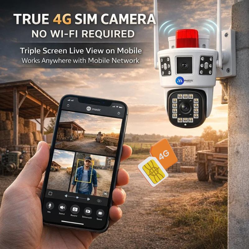 Maizic Smarthome Supercam White Shark 4G SIM Outdoor CCTV Camera | 5MP+5MP 2-Lens/3-Triple Screen View | AI Motion Detection | Color Night Vision | 360° PTZ | Ultra FHD | Two Way Audio | IP67