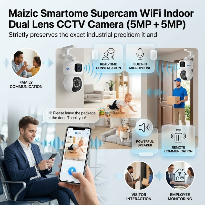 Maizic Smarthome SuperCam 5+5MP Smart WiFi CCTV Camera | Dual Lens Dual Screen Monitoring | 360° PTZ | Color Night Vision | Motion Detection | Two-Way Audio | Multi-User Viewing