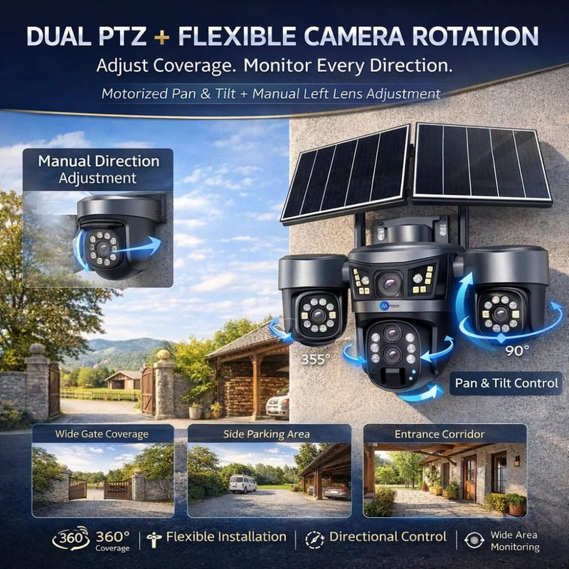 Maizic Smarthome Trigenie 4G Dual Solar Panel 6MP*3 UHD Triple Lens/Screen Dual PTZ Outdoor CCTV | Left Camera Manually Rotation | 16K mAh Battery | Color Night Vision | 2-Way Audio | Motion Detection