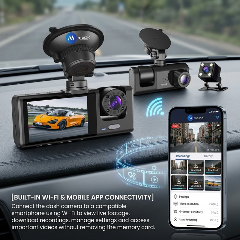 Maizic Smarthome Navik Pro Dash Triple Camera for Car | 3-Channel 5MP 1296P Front, Rear & Inside Cabin Recording | Wi-Fi | 2-Inch Display | Night Vision | WDR | G-Sensor | Loop Recording | Parking Mode