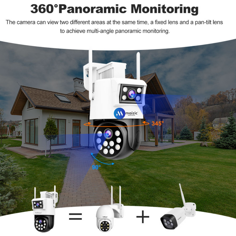 Maizic Smarthome 360° Ultra 2k Resolution 6+6MP Full HD Pan/Tilt WiFi CCTV Outdoor Camera, Compatible with Nvr & Onvif