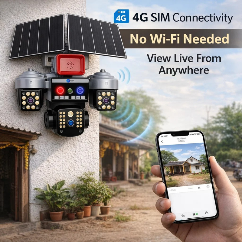 Maizic Smarthome Batman Siren 4G Dual Solar Panel Outdoor CCTV Camera | Triple (Lens/Screen) 5MP×3 UHD | Manual Side Cameras Rotation | 360° View | Color Night Vision | 2-Way Audio | Motion Detection