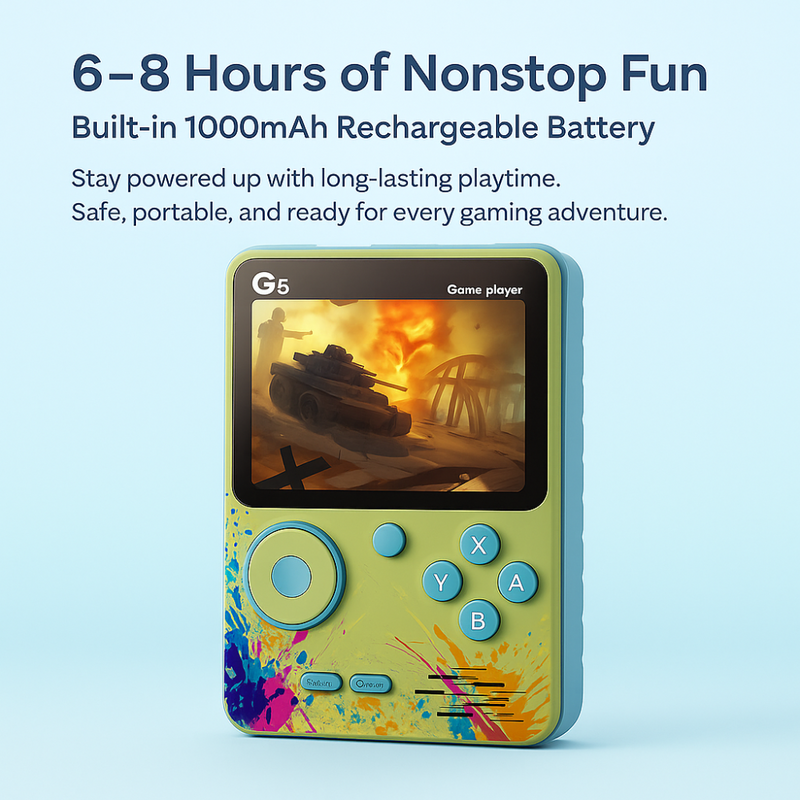 Maizic Smarthome G5 Green Handheld Game Console with 500 built-in games. 3-inch display, single-player, rechargeable, portable – ideal gaming gift for kids.