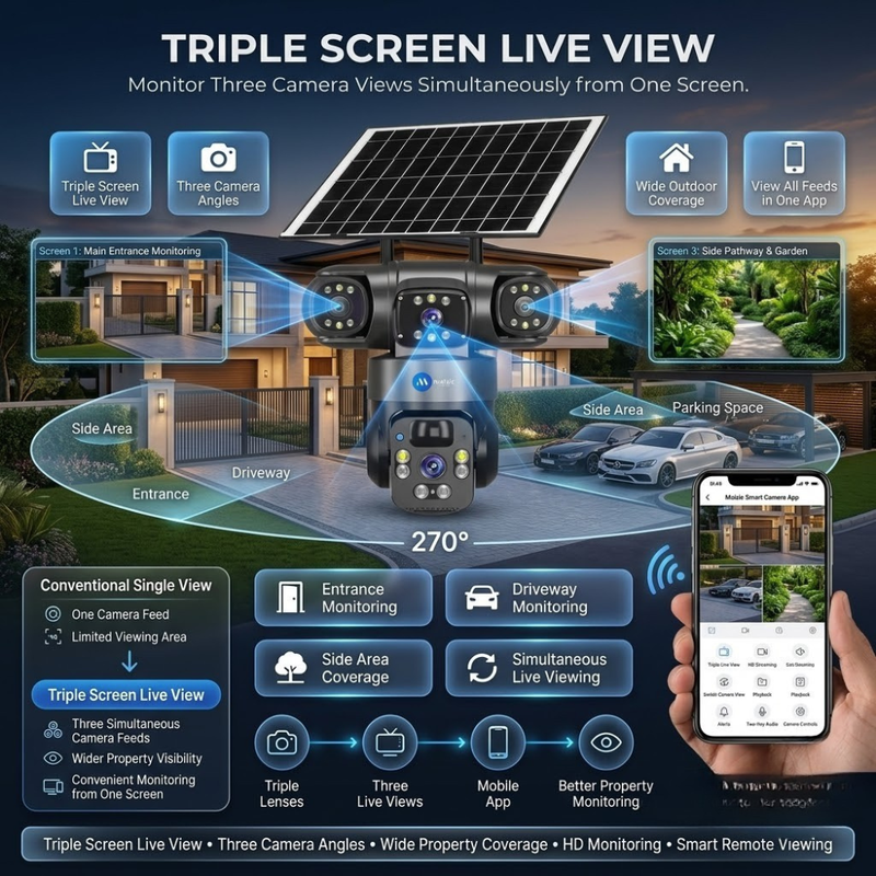 Maizic Smarthome Batman Solar 4G SIM Outdoor CCTV Camera 5MP×3 Triple Lens | AI PTZ Security Camera | Triple Screen Live View | Color Night Vision | Human Detection | Two-Way Audio | Solar Powered | Black