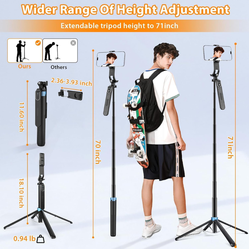 Maizic Smarthome CreatorPod 6 1.8M Extra-Long Selfie Stick Tripod with 360° Balance Handle, Detachable Bluetooth Remote, Aluminum Tripod Stand, 1/4-Inch Light Mount, Type-C Charging for Vlogging