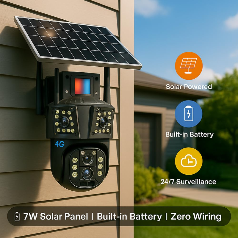 Maizic Smarthome Tricam 10X Opti-Zoom | 4G SIM Based Dual Lens + Triple Screen | 5MP Solar Powered Outdoor CCTV Camera | Built-in Battery | Farm & Agriculture Surveillance | 6 Months Warranty