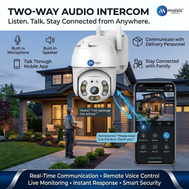 Maizic Smarthome Fox Outdoor WiFi Security Camera | 360° Pan Tilt Zoom | 50m Color Night Vision | AI Motion Alerts | Two-Way Audio Intercom | IP66 Weatherproof | SD Card Recording | Remote Live View (White)