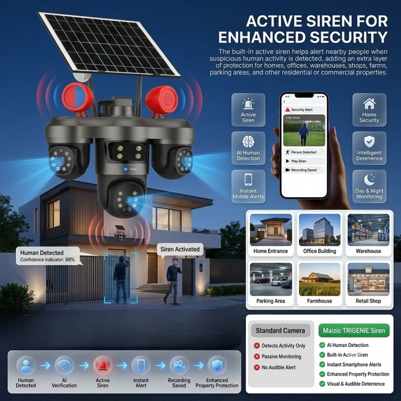 Maizic Smarthome TRIGENIE Siren 4G Solar Outdoor Security Camera | 15MP Triple Lens (5MP×3), Triple Screen Live View, 360° AI PTZ, Active Siren, Color Night Vision, Human Detection, Two-Way Audio, IP66