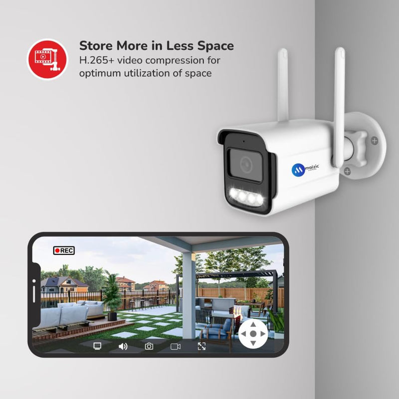 Maizic Smarthome BulletX 4MP WiFi Outdoor CCTV Camera | Full HD, 360° View, 10X Zoom, Color Night Vision, Motion Detection, 2-Way Audio, SD Card Support (Up to 128GB)