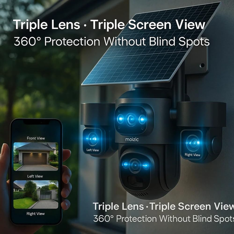 Renewed Maizic Smarthome Ultragenie 4G Solar 5MP×3 FHD 3 Lens/3 Screen AI Triple PTZ Outdoor CCTV Camera | 360° View | Color Night Vision | Human Detection | 2-Way Audio | IP66 Waterproof
