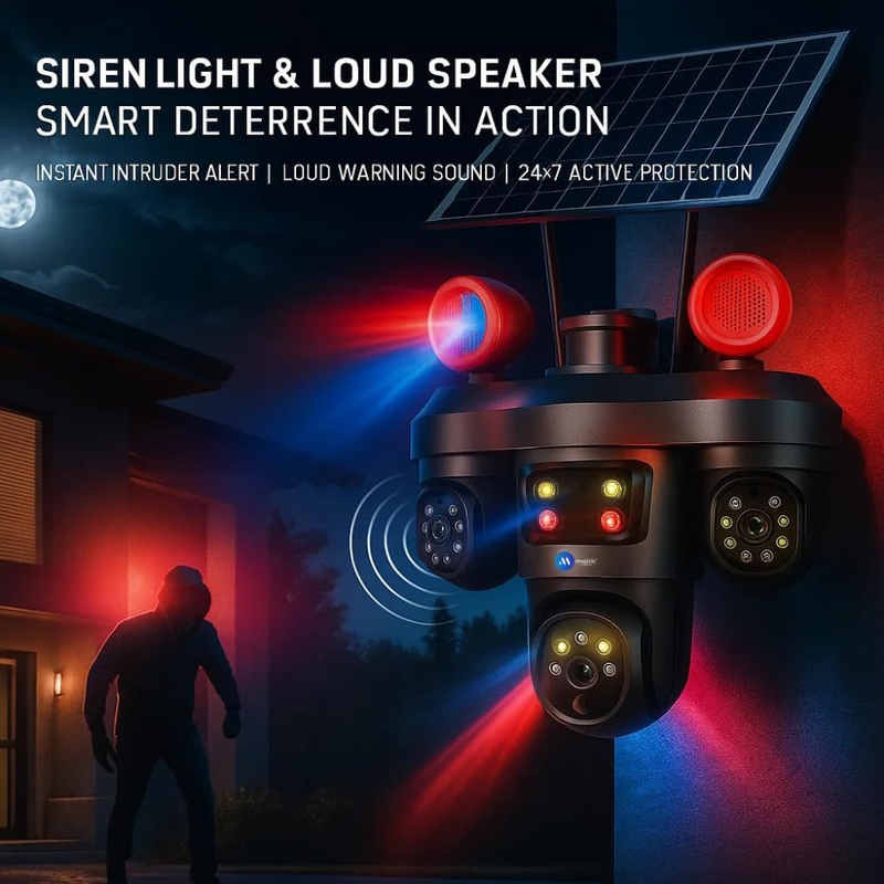 Maizic Smarthome TRIGENIE Siren Wi-Fi Solar Black 5MP×3 FHD Triple Lens AI PTZ Outdoor Security Camera | 360° Pan View | Color Night Vision | Human Detection | 2-Way Audio | IP66 Waterproof