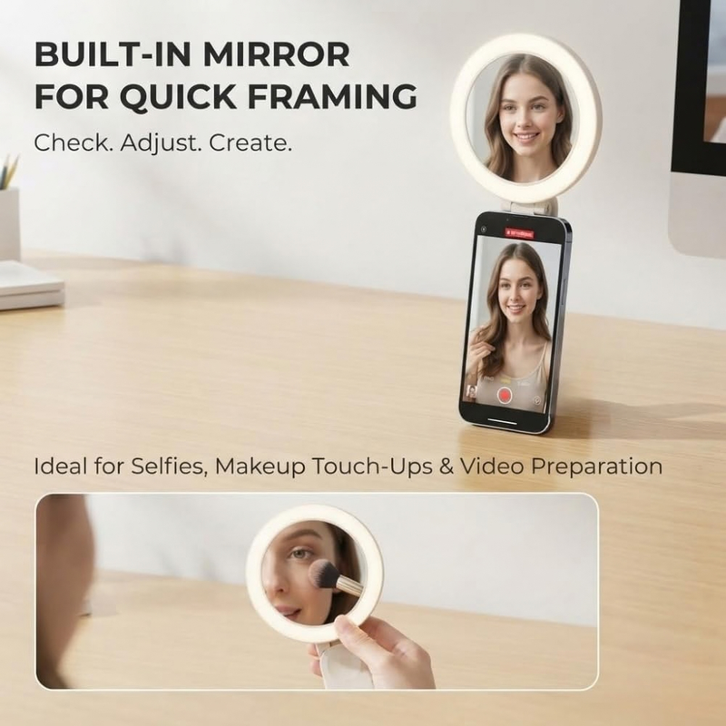 Maizic Smarthome Creator Selfie Light for Mobile | 32 LED Portable Rechargeable Fill Light with 3 Brightness Levels, 2700K–6500K, Built-in Mirror, 750mAh Battery | Reels, Vlogging, Selfies & Makeup
