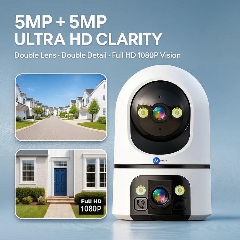 Maizic Smarthome Kyrone X2 5+5MP Dual Lens/Screen WiFi Indoor CCTV Camera | Full HD 1080p | 360° View | Color + IR Night Vision | Two-Way Audio | Motion Detection | Video Calling | SD Card Support up to 128 GB