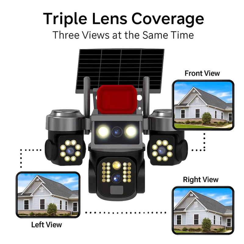 Renewed Maizic Smarthome Batman Siren 4G Solar Triple Lens CCTV Camera | 3×3MP UHD | Outdoor Security | Manual Side Rotation | Color Night Vision | Human Detection | Two-Way Audio | IP67 Waterproof