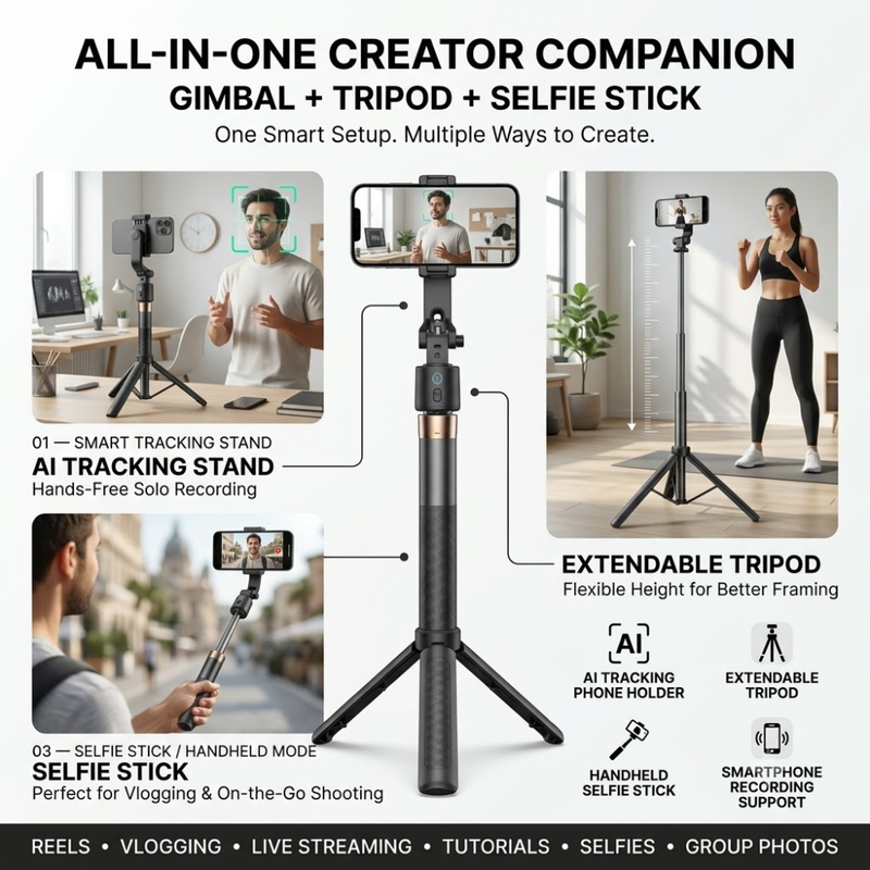 Maizic Smarthome Gimbal Camera G3 70-Inch AI Auto Face Tracking Tripod for Smartphone, 360° Rotation, Gesture Control, Gimbal Stabilizer & Selfie Stand for Live Streaming, Vlogging & Content Creation