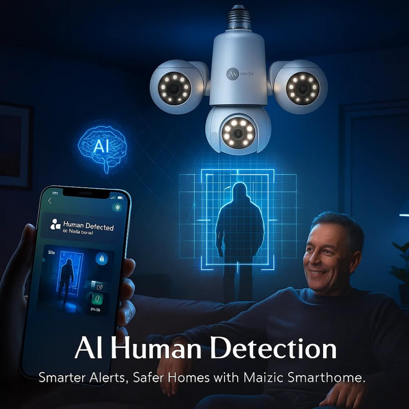 Maizic Smarthome Trion Bulb 5+5+5MP FHD Triple Lens WiFi CCTV Camera | Manual Side Rotation | 360° View | Color Night Vision | AI Human Detection | Two-Way Audio | Indoor Security | TF Card Support