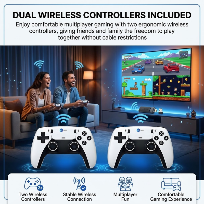 Maizic Smarthome GS5 Pro 4K Retro Gaming Stick | 30000+ Built-in Games | 53 Emulators | Wireless Plug & Play HDMI Console | Includes 2 Wireless Controllers | For TV, PC & Projector