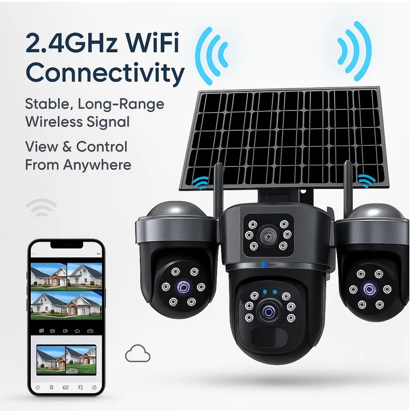 Maizic Smarthome UltraGenie Max 5MP×3 UHD Triple Lens/Screen Triple PTZ WiFi Solar Outdoor CCTV Camera | Color Night Vision | Human Detection | Two-Way Audio | IP66 Waterproof | Multi-User View