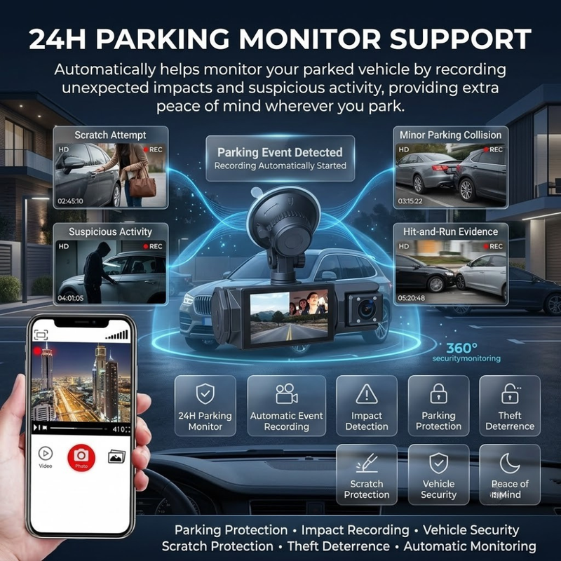 Maizic Smarthome Triplex WiFi Car Dash Cam | 3-Channel Front, Cabin & Rear Camera | 1296P Front + Dual 1080P Recording | G-Sensor | IR Night Vision | Loop Recording | 24H Parking Monitor