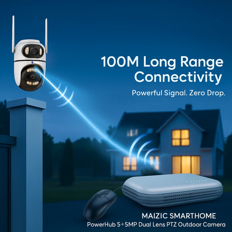 Maizic Smarthome PowerHub 5MP+5MP Dual Lens Wireless CCTV NVR Kit | Auto-Pair 10-Channel System | Dual Lens PTZ Cameras | 100M Long-Range WiFi | ONVIF Compatible | Full-Color Night Vision | 2-Way Audio | App Live View