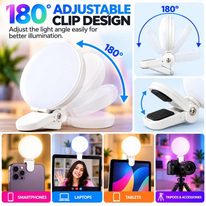 Maizic Smarthome MJ-01 RGB Clip Fill Light for Mobile & Laptop | 1000mAh Rechargeable Selfie Light, 5%-100% Dimming, Soft RGB Light, 180° Adjustable Clip | Reels, Vlogging, Makeup & Video Calls