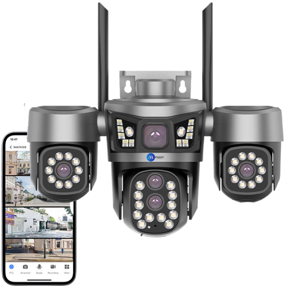 Maizic Smarthome Quadgenie 4G (6MPx4) Four Lens/Screens Outdoor CCTV Camera | Bullet + Triple PTZ | 10X Optical Zoom | Color Night Vision | AI Human Detection | Two-Way Talk | IP67 Waterproof