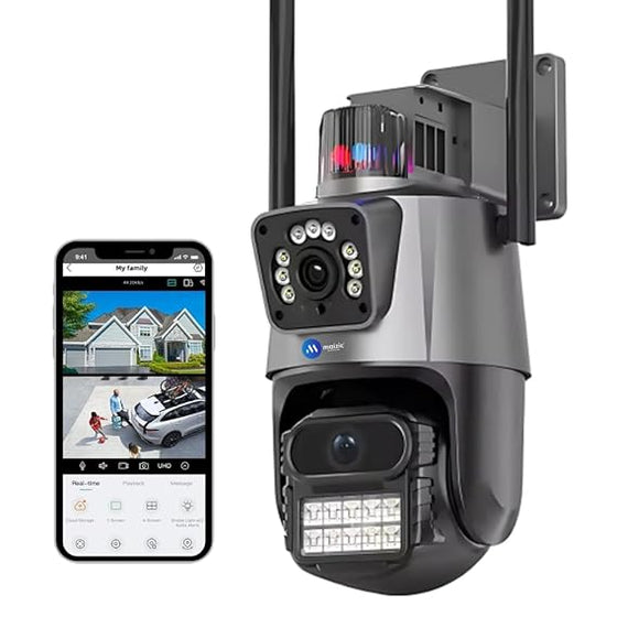 Maizic Supercam TwinView Dual Lens CCTV – 5MP+5MP WiFi Outdoor Camera, Dual Screen, Color Night Vision, IP66, 128GB SD Support