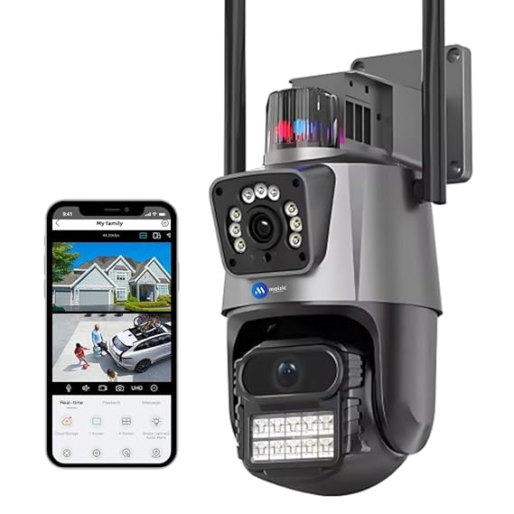 Renewed Maizic Supercam TwinView Dual Lens CCTV – 5MP+5MP WiFi Outdoor Camera, Dual Screen, Color Night Vision, IP66, 128GB SD Support