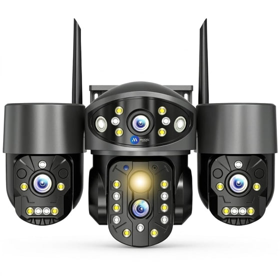 Maizic Smarthome Quadgenie 2.0 4G (6MPx4) Four Lens/Screens Outdoor CCTV Camera | Bullet + Triple PTZ | Color Night Vision | AI Human Detection | Two-Way Talk | IP67 Waterproof