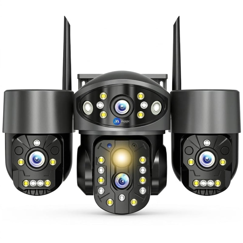Maizic Smarthome Quadgenie 2.0 4G (6MPx4) Four Lens/Screens Outdoor CCTV Camera | Bullet + Triple PTZ | Color Night Vision | AI Human Detection | Two-Way Talk | IP67 Waterproof