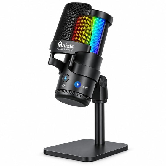 Maizic Smarthome USB Condenser Microphone with RGB Lights, Noise Cancellation, Gain & Echo Control, Touch Mute, 3.5mm Monitoring, Desktop Stand, 2-in-1 Connector for PC, Laptop, Mobile & Tablet