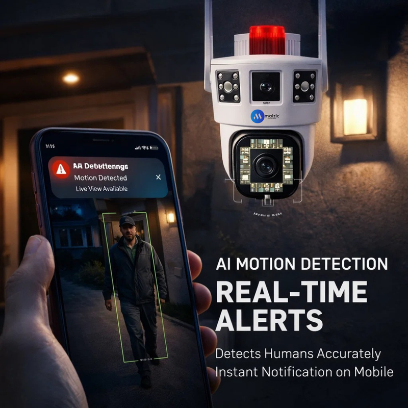 Maizic Smarthome Supercam White Shark 4G SIM Outdoor CCTV Camera | 5MP+5MP 2-Lens/3-Triple Screen View | AI Motion Detection | Color Night Vision | 360° PTZ | Ultra FHD | Two Way Audio | IP67