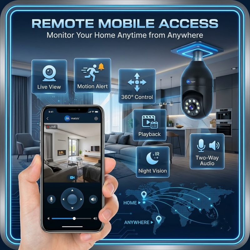 Maizic Smarthome 3MP WiFi Bulb Security Camera | 360° PTZ | AI Human Detection | Full Color Night Vision | Two-Way Audio | Easy B22 Installation | Remote Mobile Monitoring