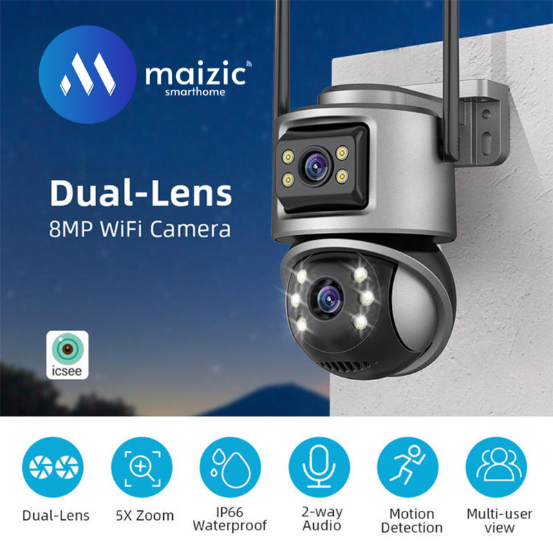 Secure your home with Maizic Smarthome 5MP Wi-Fi CCTV Camera – dual lens, 360° pan & tilt, motion alerts, IR night vision, and two-way audio. Supports SD card up to 128GB.